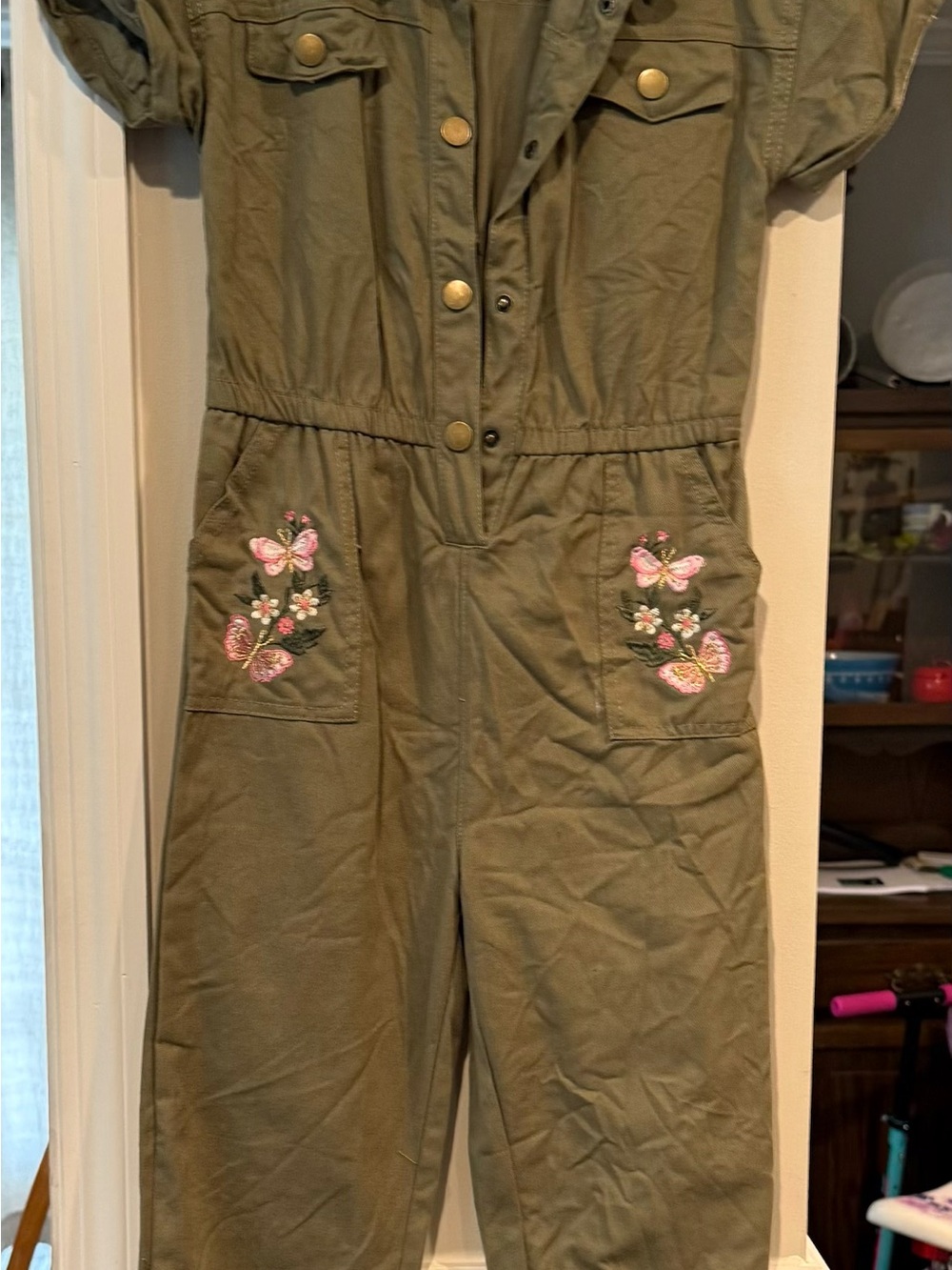 Olive Green Embroidered Pocket Utility Jumpsuit - Girls
